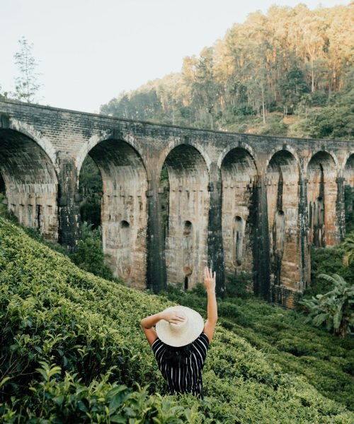 Жена, позираща в гръб пред известния жп мост с девет арки между Елла и Демодара, Шри Ланка